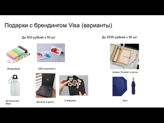 Подарки с брендингом Visa (варианты) До 800 рублей х 50 шт До