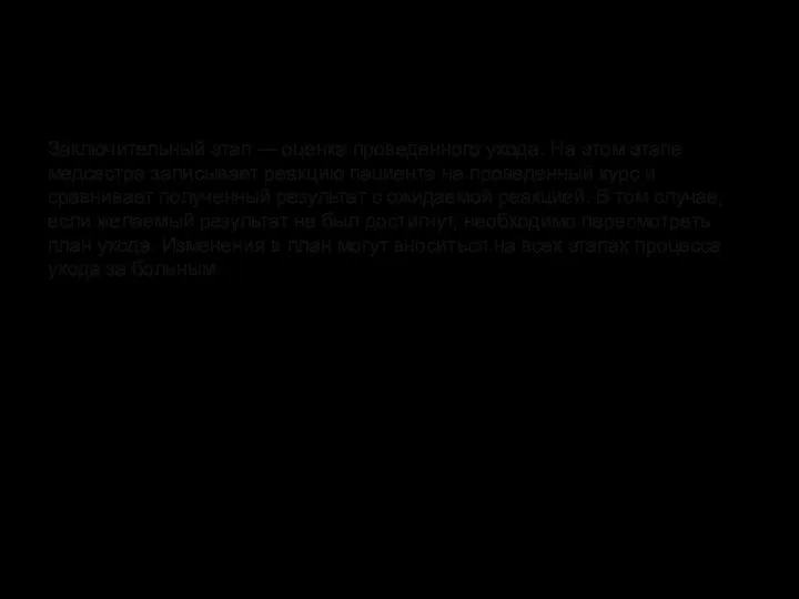 Заключительный этап — оценка проведенного ухода. На этом этапе медсестра записывает реакцию