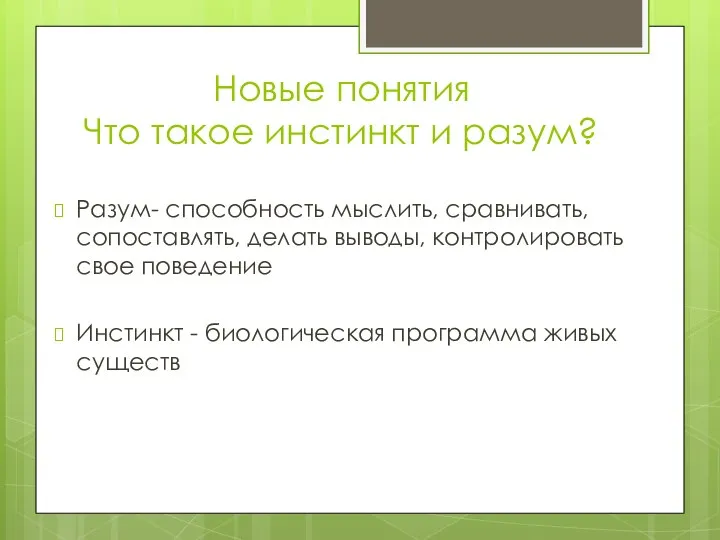 Новые понятия Что такое инстинкт и разум? Разум- способность мыслить, сравнивать, сопоставлять,