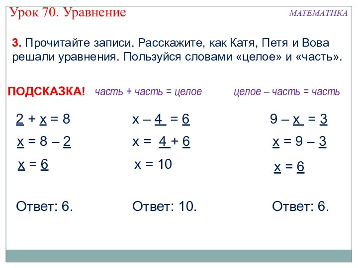 3. Прочитайте записи. Расскажите, как Катя, Петя и Вова решали уравнения. Пользуйся