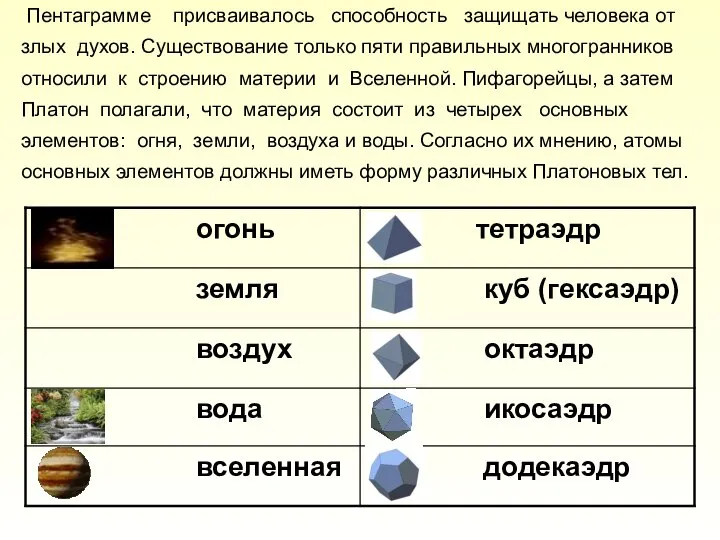 Пентаграмме присваивалось способность защищать человека от злых духов. Существование только пяти правильных