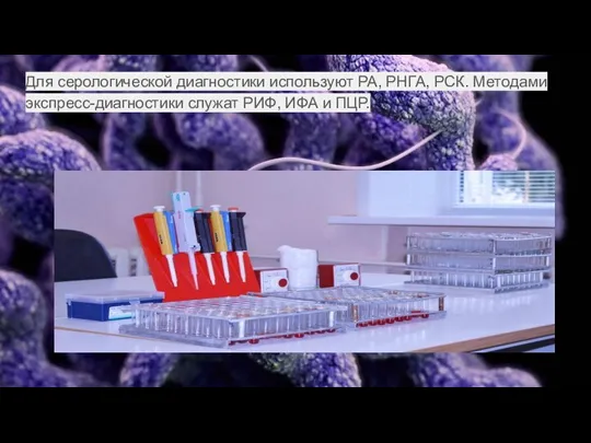 Для серологической диагностики используют РА, РНГА, РСК. Методами экспресс-диагностики служат РИФ, ИФА и ПЦР.