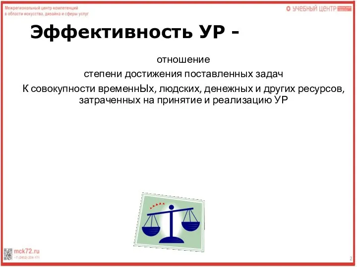 Эффективность УР - отношение степени достижения поставленных задач К совокупности временнЫх, людских,