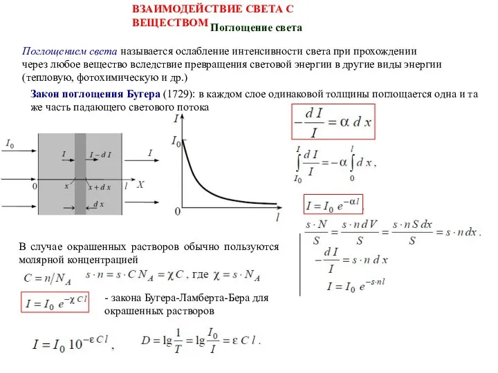 ВЗАИМОДЕЙСТВИЕ СВЕТА С ВЕЩЕСТВОМ Поглощение света Поглощением света называется ослабление интенсивности света