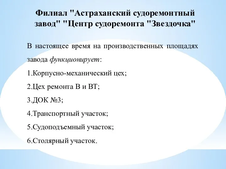 В настоящее время на производственных площадях завода функционирует: 1.Корпусно-механический цех; 2.Цех ремонта