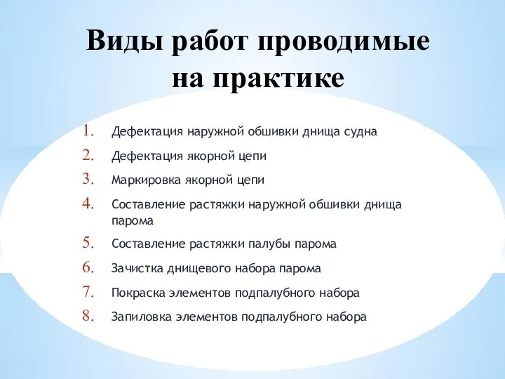 Виды работ проводимые на практике Дефектация наружной обшивки днища судна Дефектация якорной