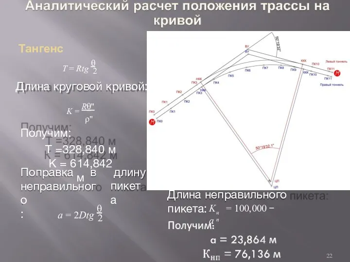 Тангенс 2 Т = Rtg θ Длина круговой кривой: K = Rθ"