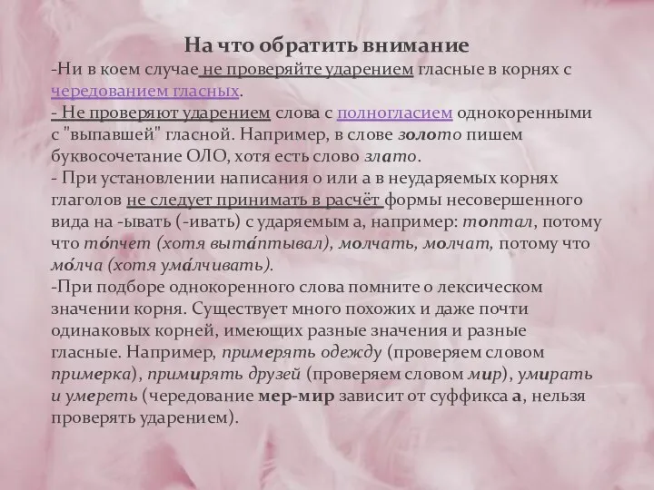 На что обратить внимание -Ни в коем случае не проверяйте ударением гласные