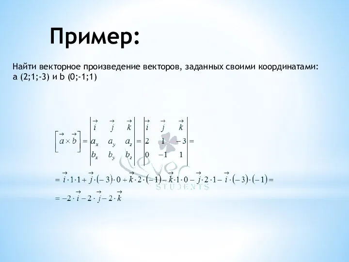 Пример: Найти векторное произведение векторов, заданных своими координатами: a (2;1;-3) и b (0;-1;1)