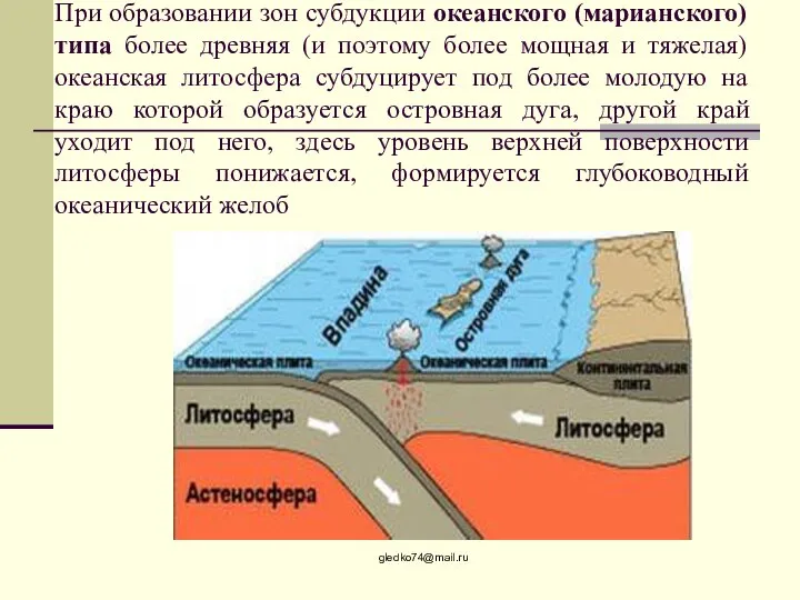 При образовании зон субдукции океанского (марианского) типа более древняя (и поэтому более