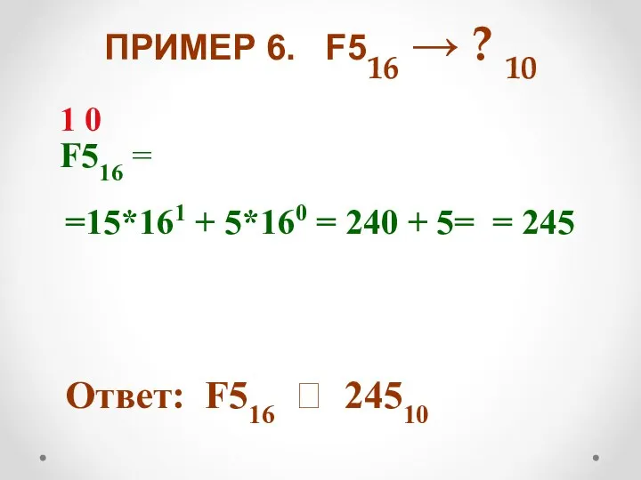 ПРИМЕР 6. F516 → ? 10 F516 = =15*161 + 5*160 =