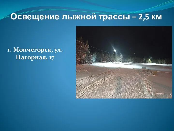 Освещение лыжной трассы – 2,5 км г. Мончегорск, ул. Нагорная, 17