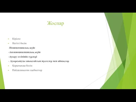 Жоспар Кіріспе Негізгі бөлім -Ноцицепциялық жүйе -Антиноцицепциялық жүйе -Ауыру сезімінің түрлері -