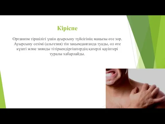 Кіріспе Организм тіршілігі үшін ауырсыну түйсігінің маңызы өте зор. Ауырсыну сезімі (альгезия)