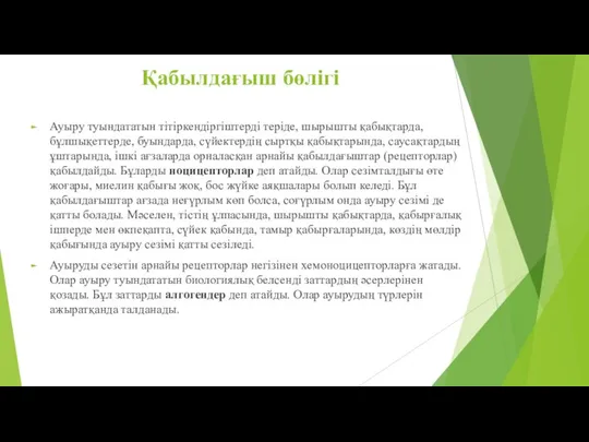 Қабылдағыш бөлігі Ауыру туындататын тітіркендіргіштерді теріде, шырышты қабықтарда, бұлшықеттерде, буындарда, сүйектердің сыртқы