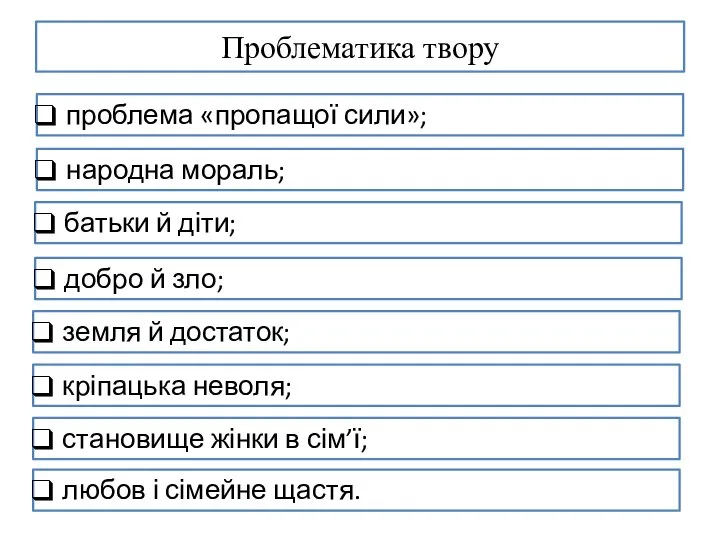 Проблематика твору проблема «пропащої сили»; народна мораль; батьки й діти; добро й