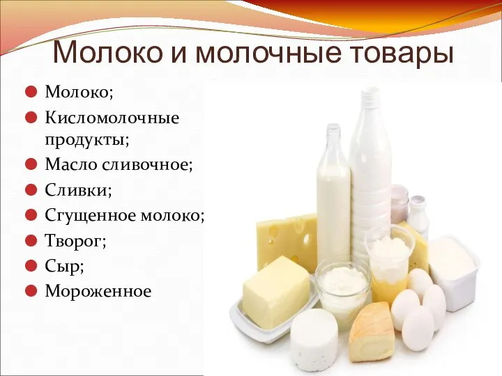 Молоко и молочные товары Молоко; Кисломолочные продукты; Масло сливочное; Сливки; Сгущенное молоко; Творог; Сыр; Мороженное