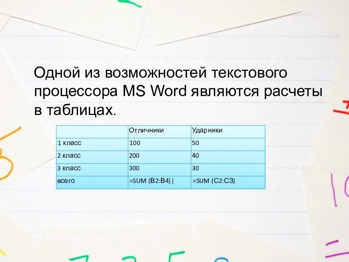 Одной из возможностей текстового процессора MS Word являются расчеты в таблицах.