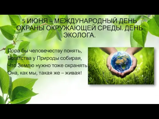 5 ИЮНЯ – МЕЖДУНАРОДНЫЙ ДЕНЬ ОХРАНЫ ОКРУЖАЮЩЕЙ СРЕДЫ. ДЕНЬ ЭКОЛОГА. Пора бы