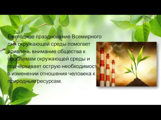 Ежегодное празднование Всемирного дня окружающей среды помогает привлечь внимание общества к проблемам