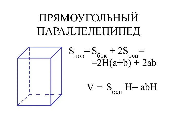 ПРЯМОУГОЛЬНЫЙ ПАРАЛЛЕЛЕПИПЕД Sбок + 2Sосн= =2H(a+b) + 2ab Sосн H= abH Sпов= V =