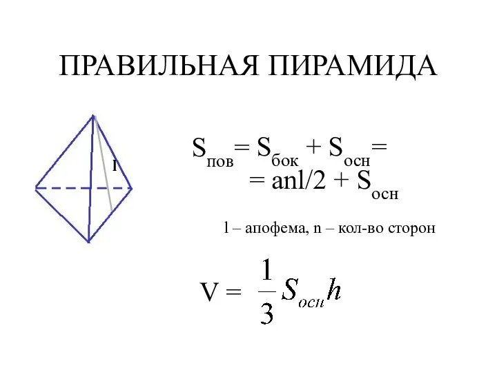 ПРАВИЛЬНАЯ ПИРАМИДА Sбок + Sосн= = anl/2 + Sосн l – апофема,