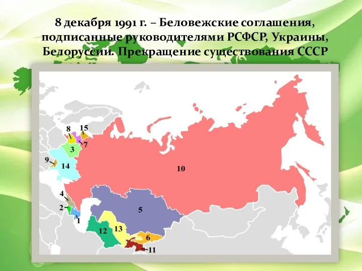 8 декабря 1991 г. – Беловежские соглашения, подписанные руководителями РСФСР, Украины, Белоруссии. Прекращение существования СССР