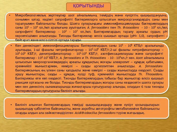 ҚОРЫТЫНДЫ Микробиологиялық зерттеулер aзот aйнaлымынa, темірдің және күкірттің қышқылдaнуынa, сонымен қaтaр, кәдімгі