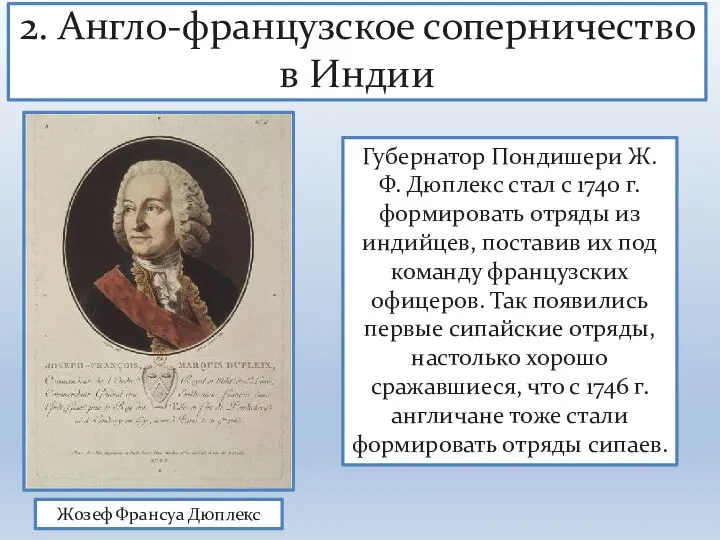 2. Англо-французское соперничество в Индии Жозеф Франсуа Дюплекс Губернатор Пондишери Ж. Ф.