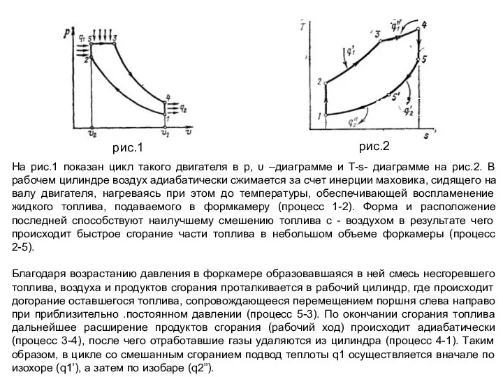 На рис.1 показан цикл такого двигателя в р, υ –диаграмме и T-s-