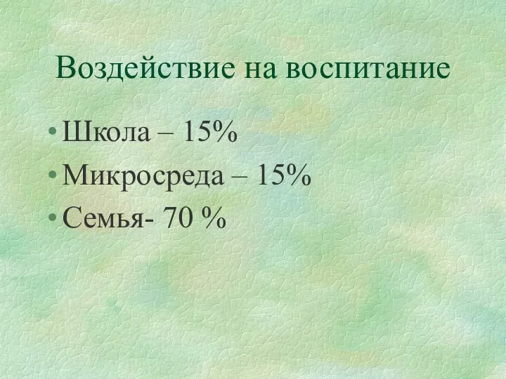 Воздействие на воспитание Школа – 15% Микросреда – 15% Семья- 70 %