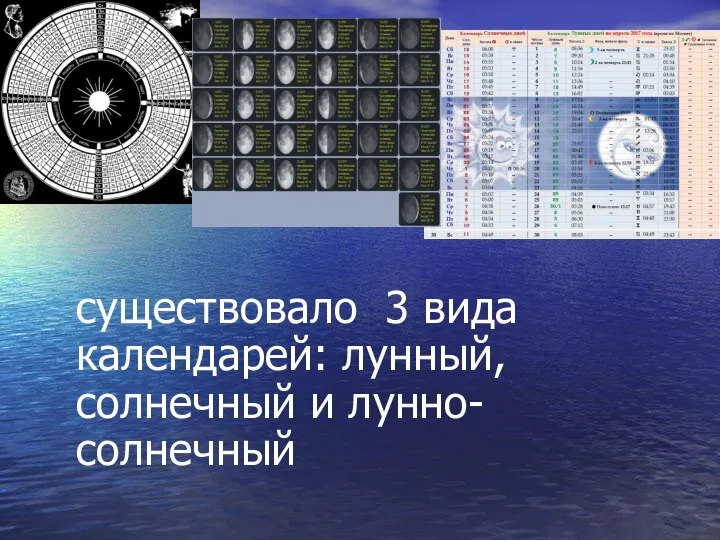 существовало 3 вида календарей: лунный, солнечный и лунно-солнечный