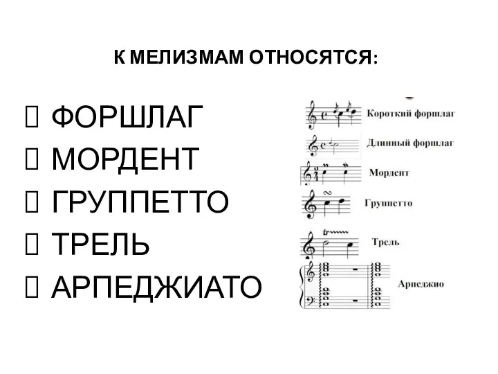 К МЕЛИЗМАМ ОТНОСЯТСЯ: ФОРШЛАГ МОРДЕНТ ГРУППЕТТО ТРЕЛЬ АРПЕДЖИАТО