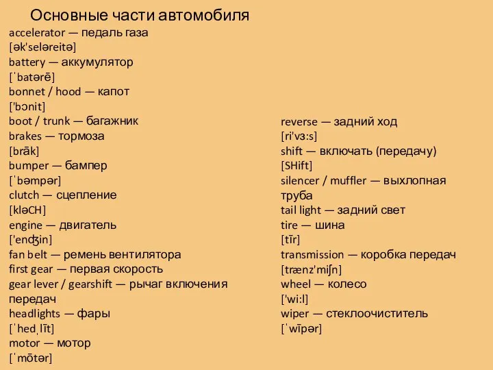 Основные части автомобиля accelerator — педаль газа [ək'seləreitə] battery — аккумулятор [ˈbatərē]