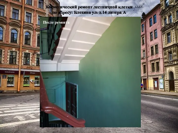 Косметический ремонт лестничной клетки по адресу: Блохина ул. д.14 литера А После ремонта