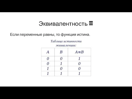 Эквивалентность ≡ Если переменные равны, то функция истина.