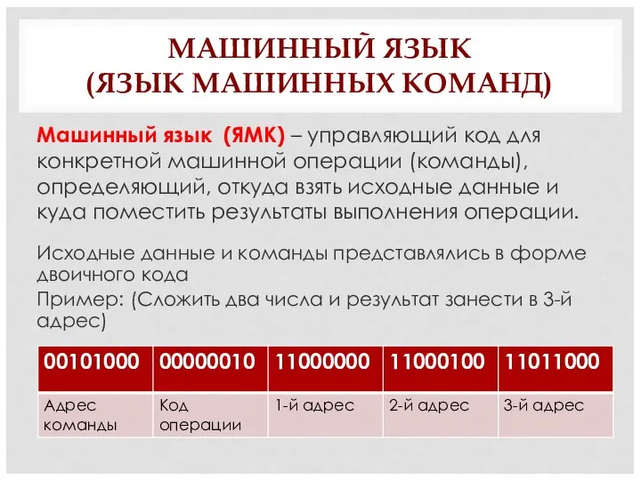 МАШИННЫЙ ЯЗЫК (ЯЗЫК МАШИННЫХ КОМАНД) Машинный язык (ЯМК) – управляющий код для