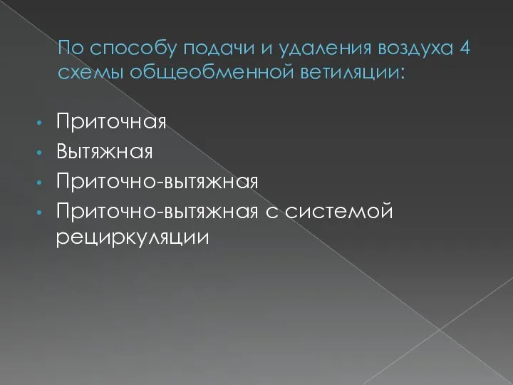 По способу подачи и удаления воздуха 4 схемы общеобменной ветиляции: Приточная Вытяжная