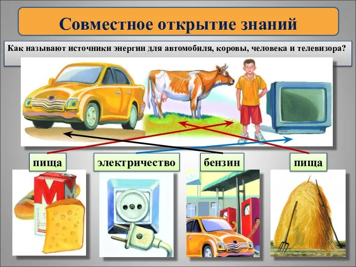 Совместное открытие знаний Как называют источники энергии для автомобиля, коровы, человека и