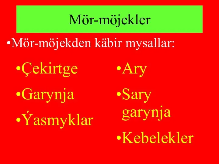 Mör-möjekler Çekirtge Garynja Ýasmyklar Ary Sary garynja Kebelekler Mör-möjekden käbir mysallar: