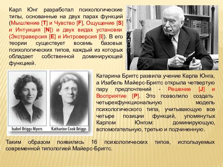 Карл Юнг разработал психологические типы, основанные на двух парах функций (Мышление [T]