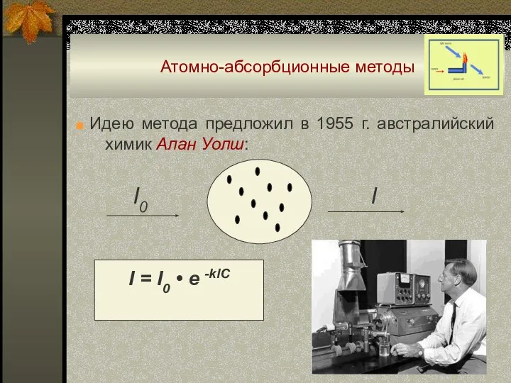 Атомно-абсорбционные методы ■ Идею метода предложил в 1955 г. австралийский химик Алан