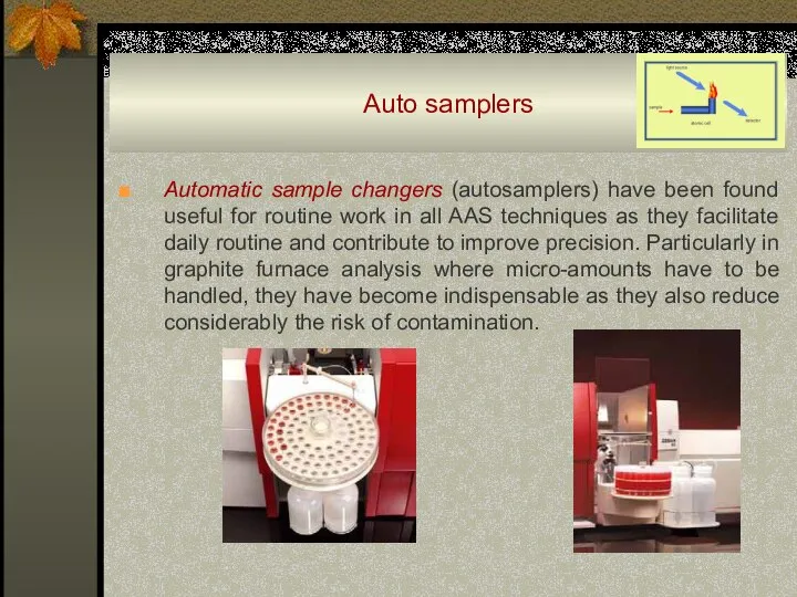 Auto samplers ■ Automatic sample changers (autosamplers) have been found useful for