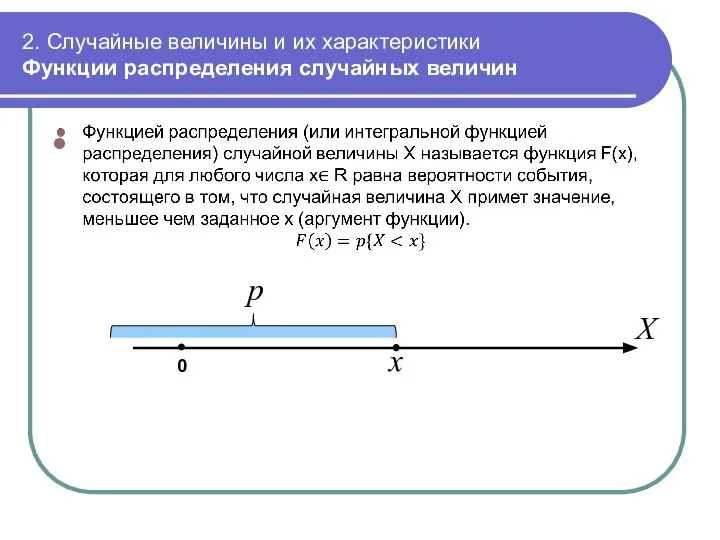 2. Случайные величины и их характеристики Функции распределения случайных величин 0 x X p
