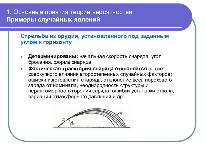 1. Основные понятия теории вероятностей Примеры случайных явлений Стрельба из орудия, установленного