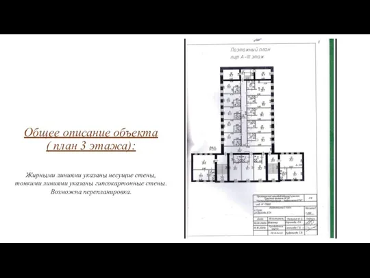 Общее описание объекта ( план 3 этажа): Жирными линиями указаны несущие стены,