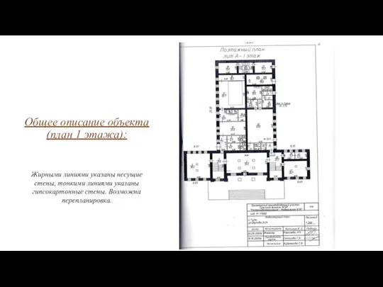 Общее описание объекта (план 1 этажа): Жирными линиями указаны несущие стены, тонкими