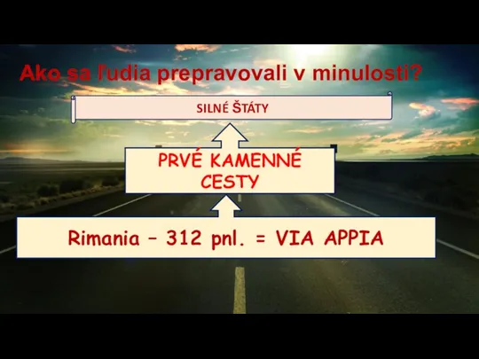 Ako sa ľudia prepravovali v minulosti? SILNÉ ŠTÁTY PRVÉ KAMENNÉ CESTY Rimania