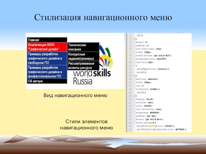 Стилизация навигационного меню Вид навигационного меню Стили элементов навигационного меню