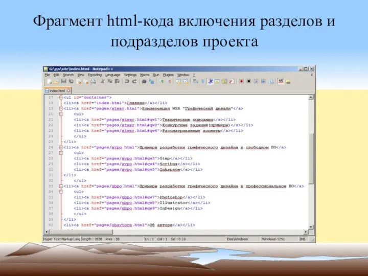 Фрагмент html-кода включения разделов и подразделов проекта